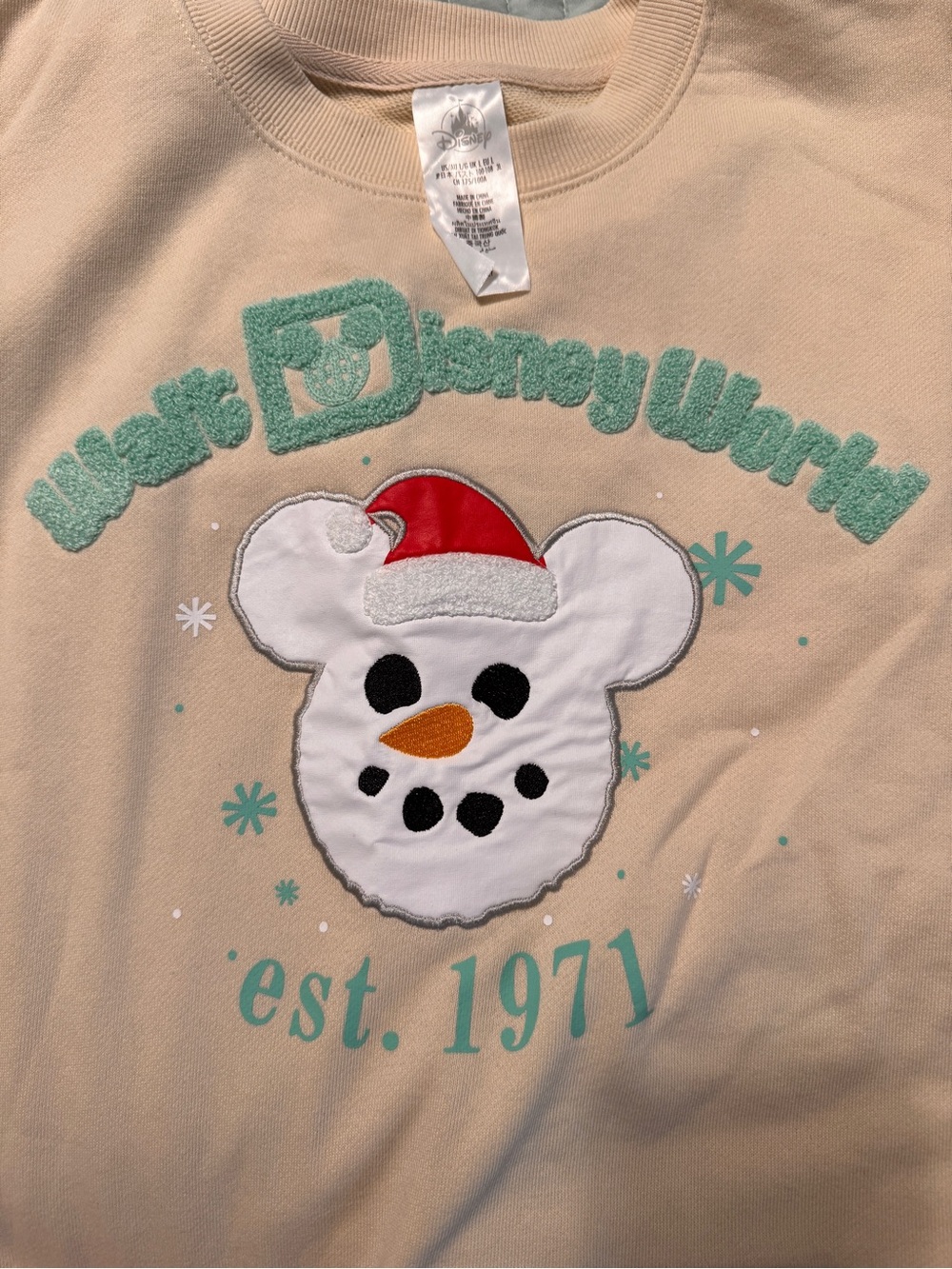 Disney Cream Sweatshirt with Mint Green Chenille Logot.  NWOT
